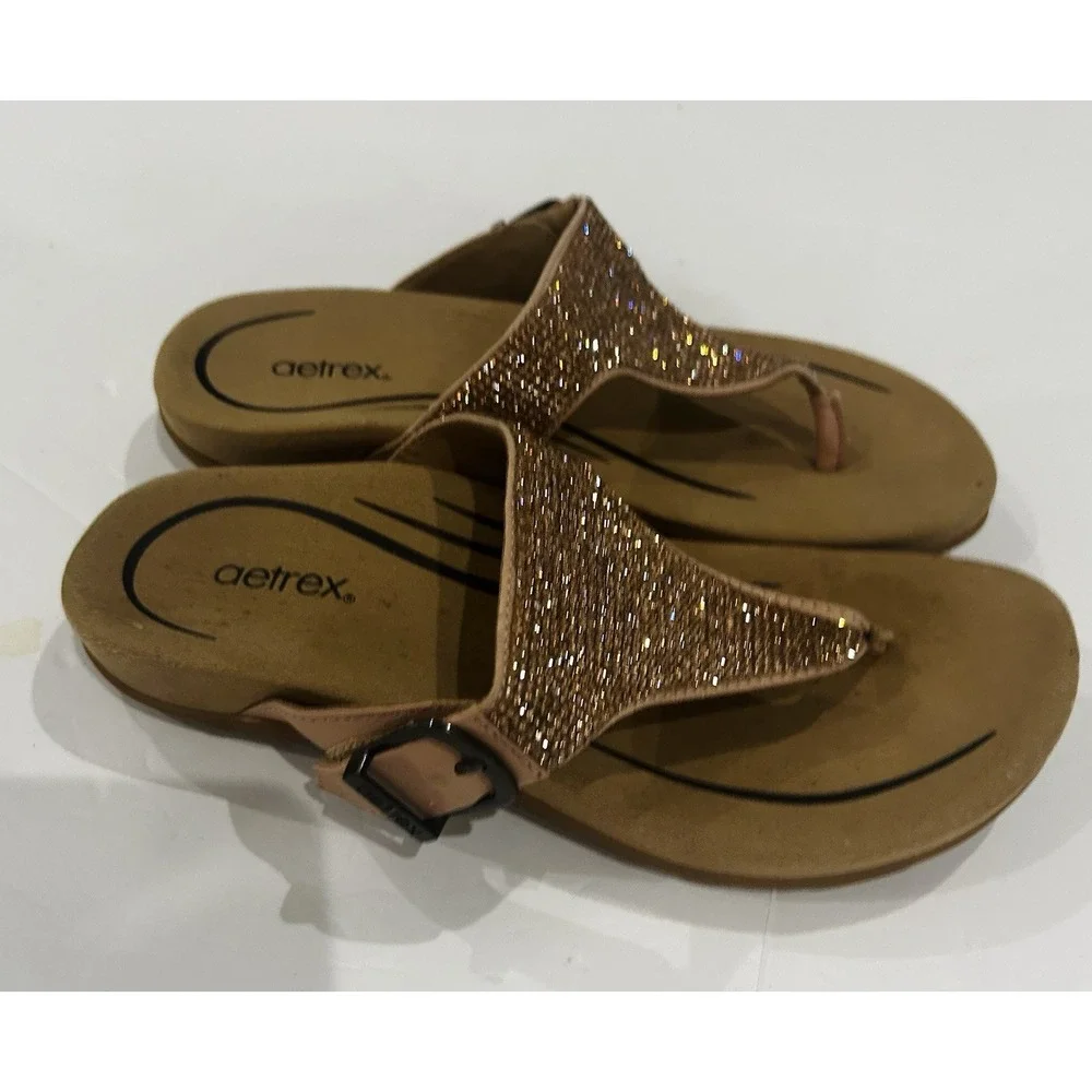 Aetrex Sandals Shoes Women Size 7 Brown Thong Wedge Rhinestone Comfort Orthotic
